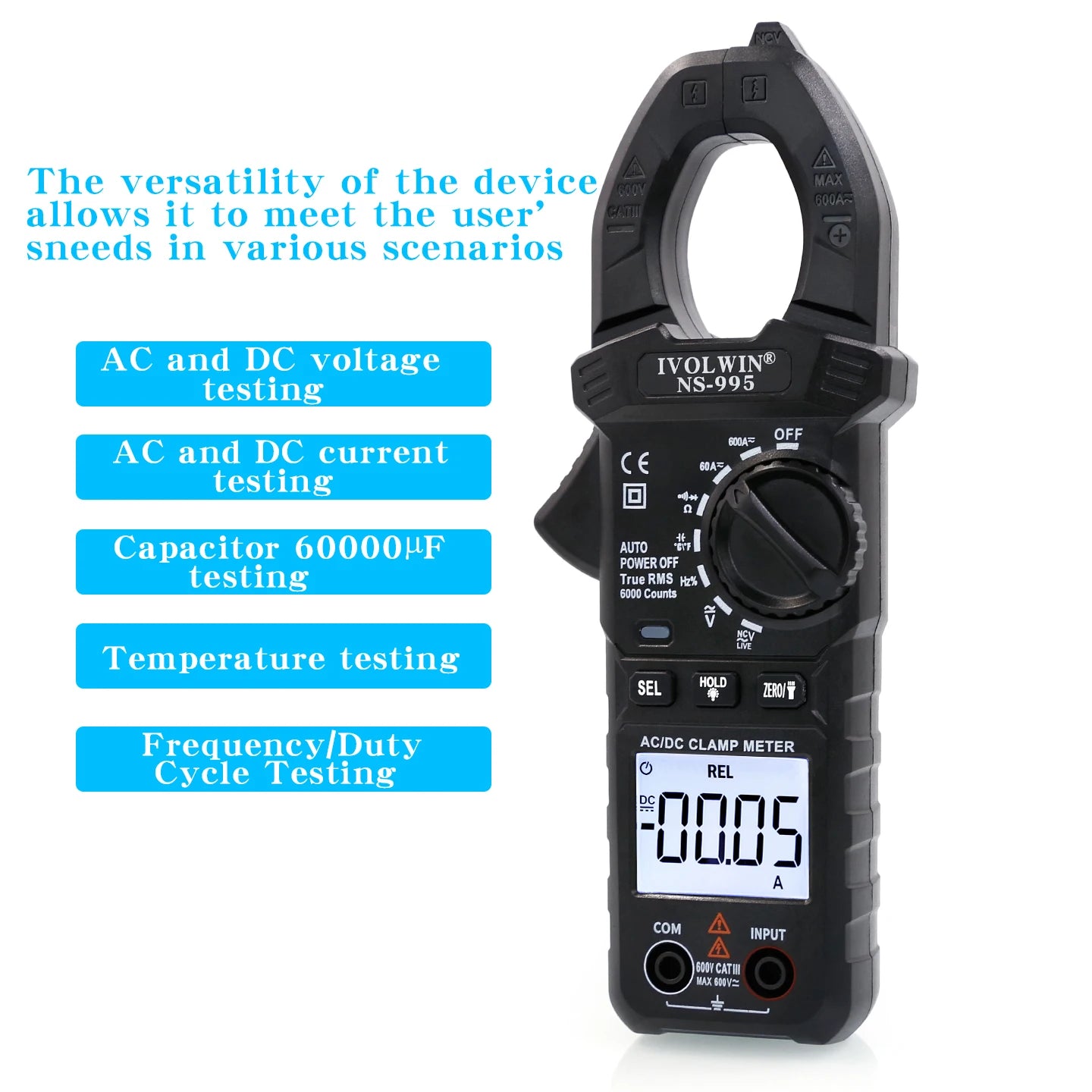 NS-995 AC/DC Digital Clamp Meter, High-Precision Multimeter, Clamp Ampermeter, Temperature, and Capacitance Clamp Meter