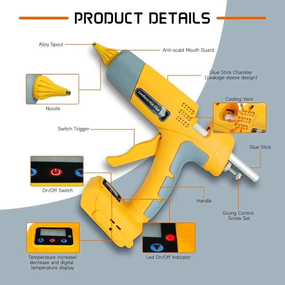 100W Rechargeable Handheld Hot Glue Gun with 11mm Glue Stick for Dewalt 18V Lithium Battery Electric Repair DIY Gun Power Tools