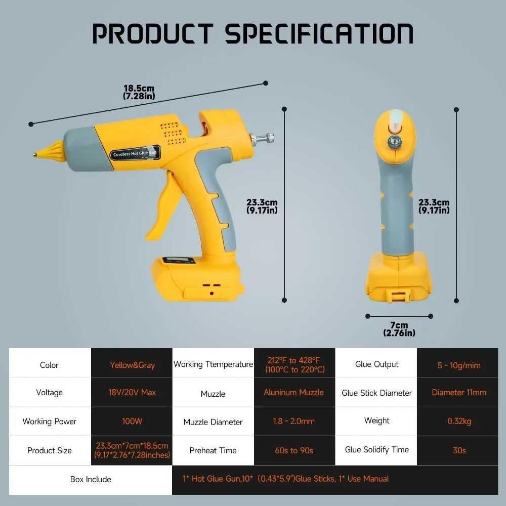 100W Rechargeable Handheld Hot Glue Gun with 11mm Glue Stick for Dewalt 18V Lithium Battery Electric Repair DIY Gun Power Tools